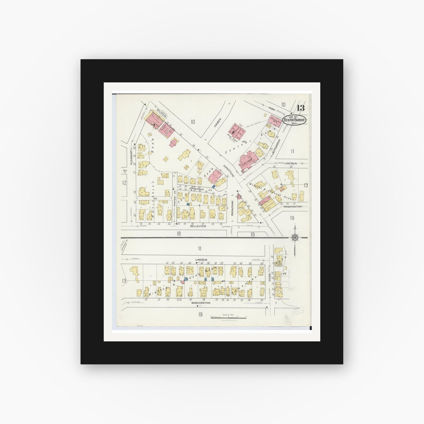 Old map wall art mockup — black gallery frame with white mat — Sanborn Fire Insurance Map from Benton Harbor, Berrien County, Michigan (1917), Sheet #0013
