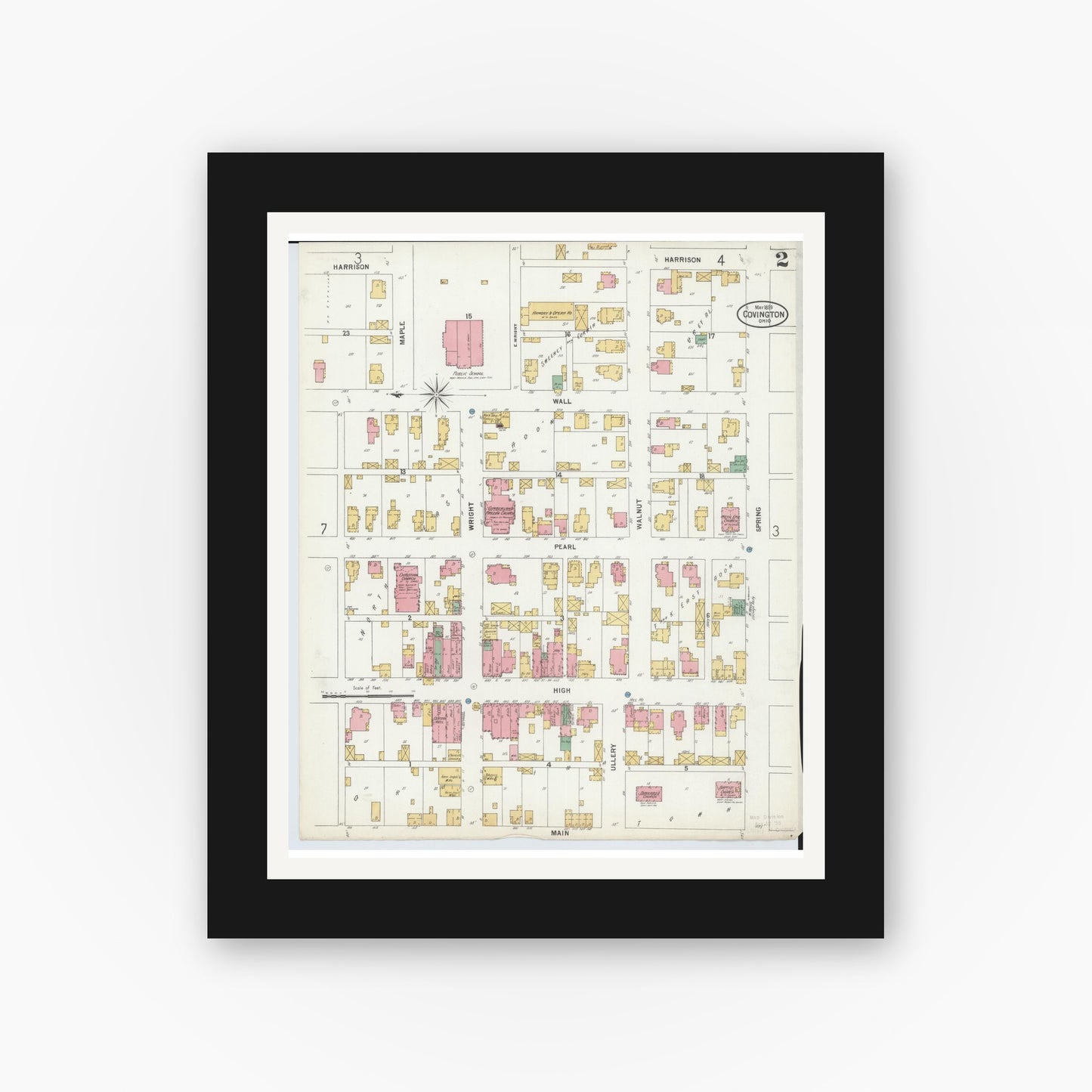 Old map wall art mockup — black gallery frame with white mat — Sanborn Fire Insurance Map from Covington, Miami County, Ohio (1899), Sheet #0002