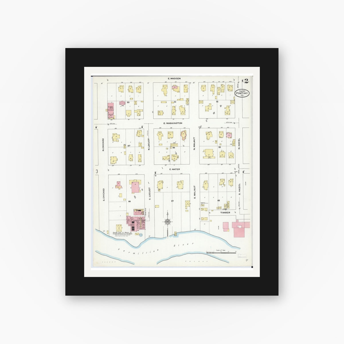 Old map wall art mockup — black gallery frame with white mat — Sanborn Fire Insurance Map from Pontiac, Livingston County, Illinois (1910), Sheet #0002