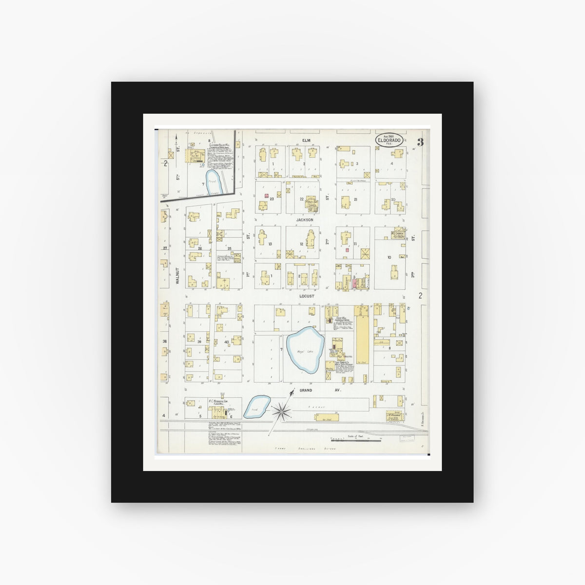 Old map wall art mockup — black gallery frame with white mat — Sanborn Fire Insurance Map from Eldorado, Saline County, Illinois (1900), Sheet #0003