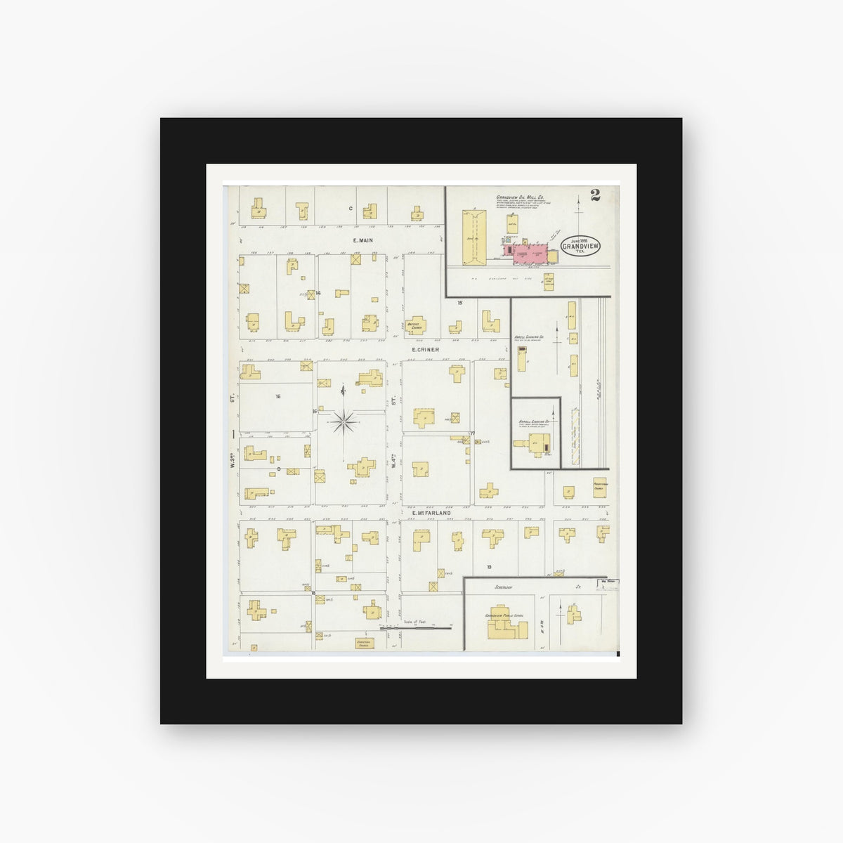 Old map wall art mockup — black gallery frame with white mat — Sanborn Fire Insurance Map from Grandview, Johnson County, Texas (1898), Sheet #0002