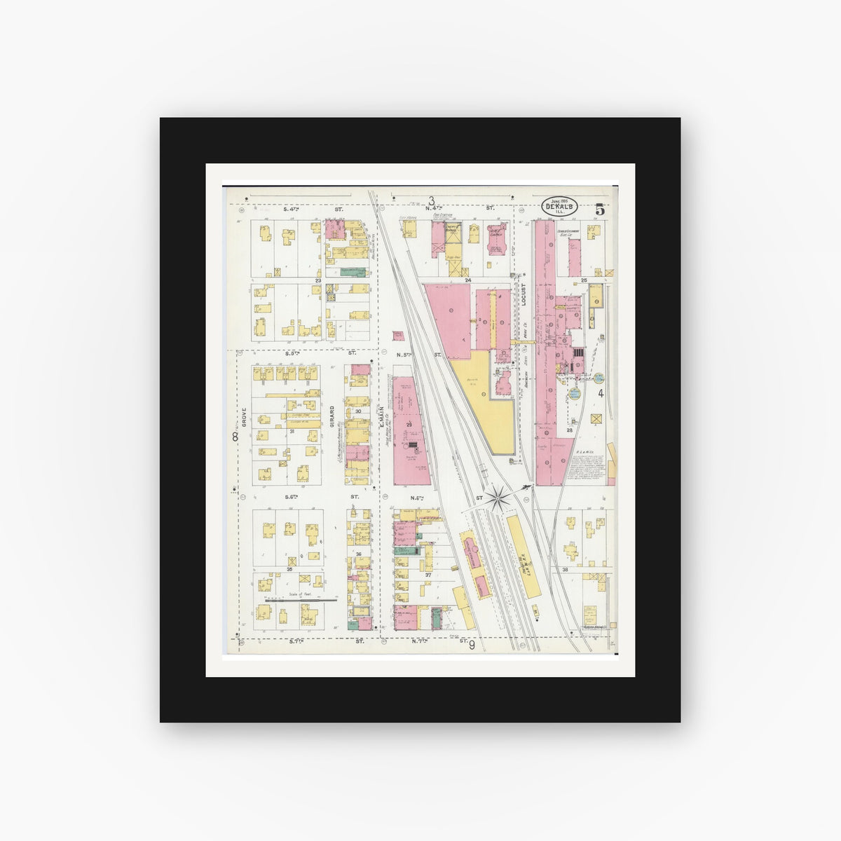 Old map wall art mockup — black gallery frame with white mat — Sanborn Fire Insurance Map from De Kalb, De Kalb County, Illinois (1905), Sheet #0005