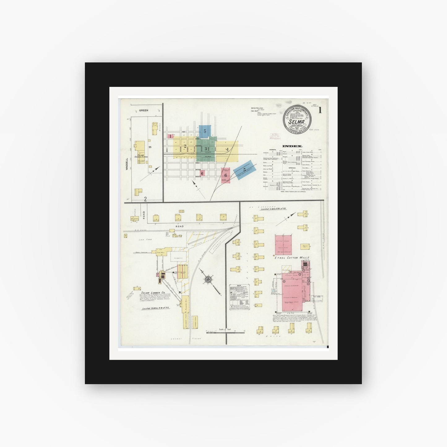 Old map wall art mockup — black gallery frame with white mat — Sanborn Fire Insurance Map from Selma, Johnston County, North Carolina (1911) - Complete Map Set