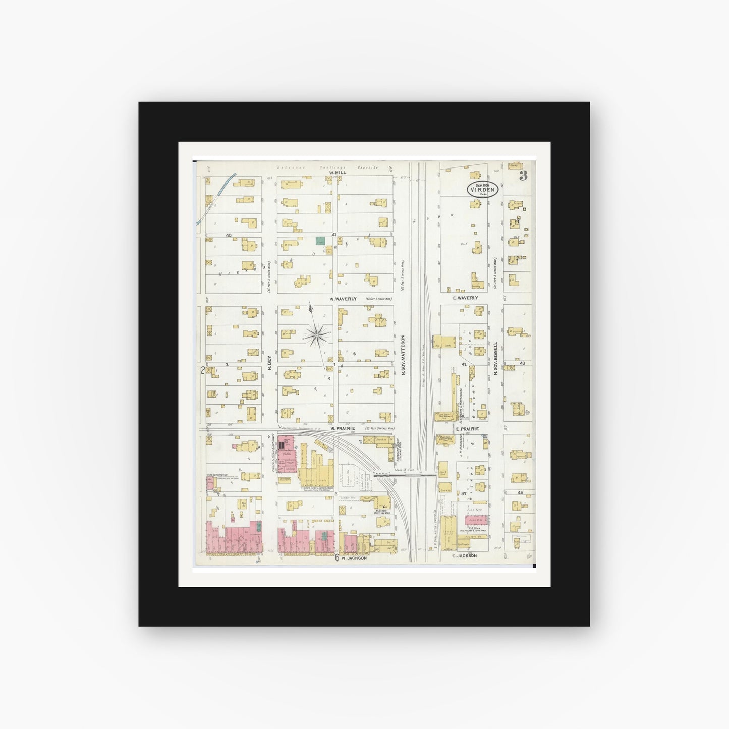 Old map wall art mockup — black gallery frame with white mat — Sanborn Fire Insurance Map from Virden, Macoupin County, Illinois (1906), Sheet #0003