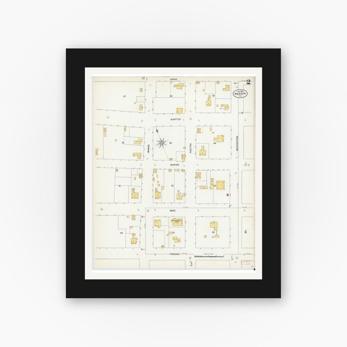 Old map wall art mockup — black gallery frame with white mat — Sanborn Fire Insurance Map from Madison, Madison County, Florida (1903), Sheet #0002