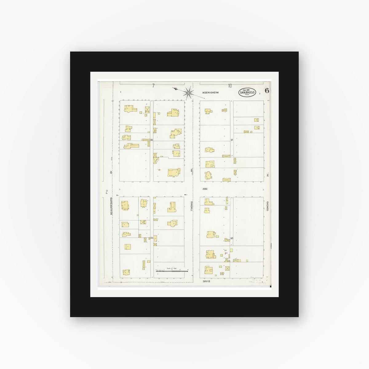 Old map wall art mockup — black gallery frame with white mat — Sanborn Fire Insurance Map from San Angelo, Tom Green County, Texas (1904), Sheet #0006