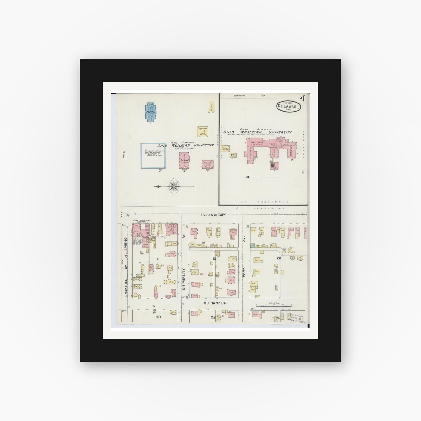 Old map wall art mockup — black gallery frame with white mat — Sanborn Fire Insurance Map from Delaware, Delaware County, Ohio (1890), Sheet #0004