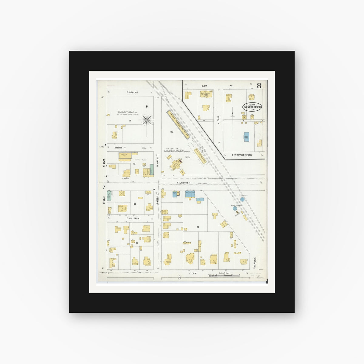 Old map wall art mockup — black gallery frame with white mat — Sanborn Fire Insurance Map from Weatherford, Parker County, Texas (1905), Sheet #0008