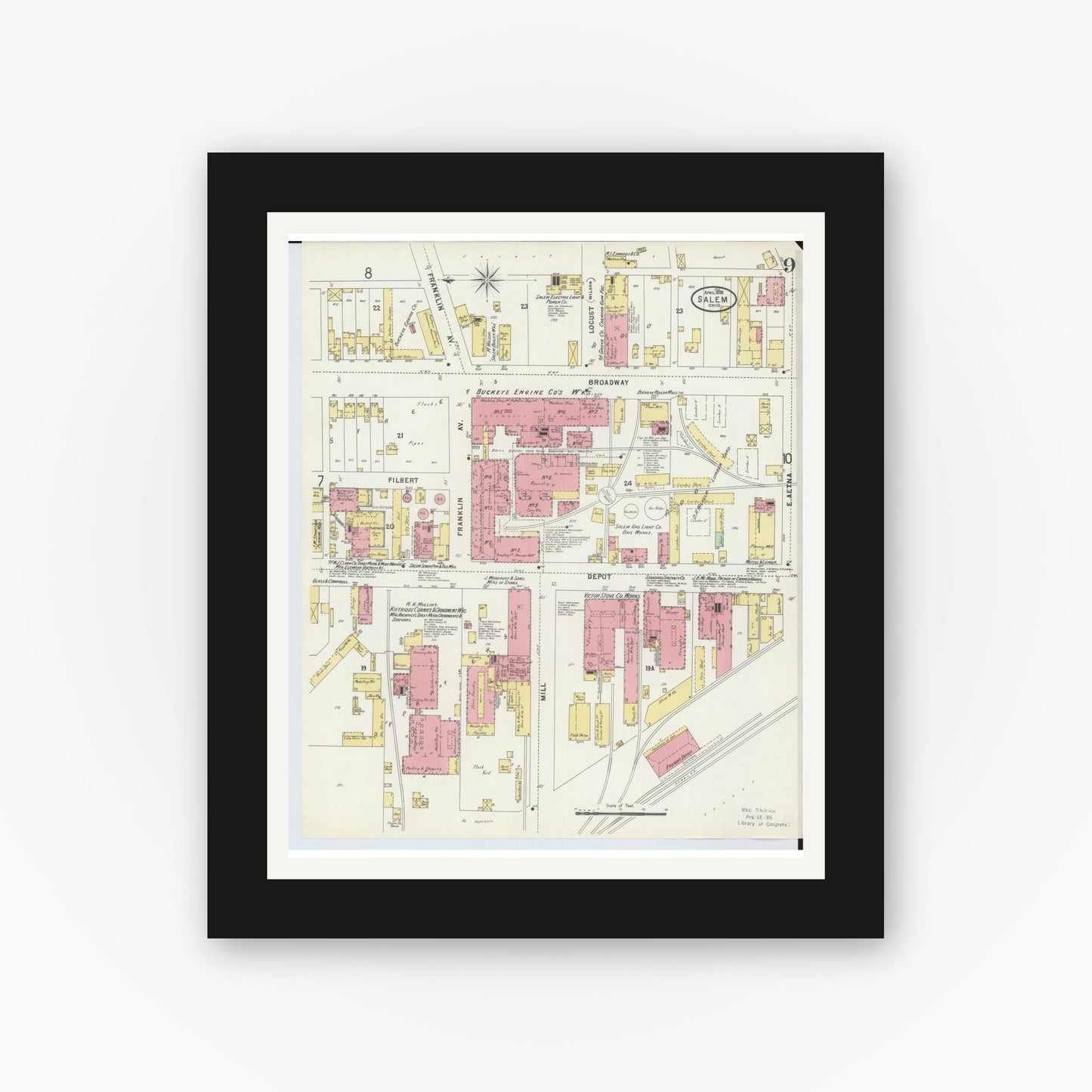 Old map wall art mockup — black gallery frame with white mat — Sanborn Fire Insurance Map from Salem, Columbiana County, Ohio (1898), Sheet #0009