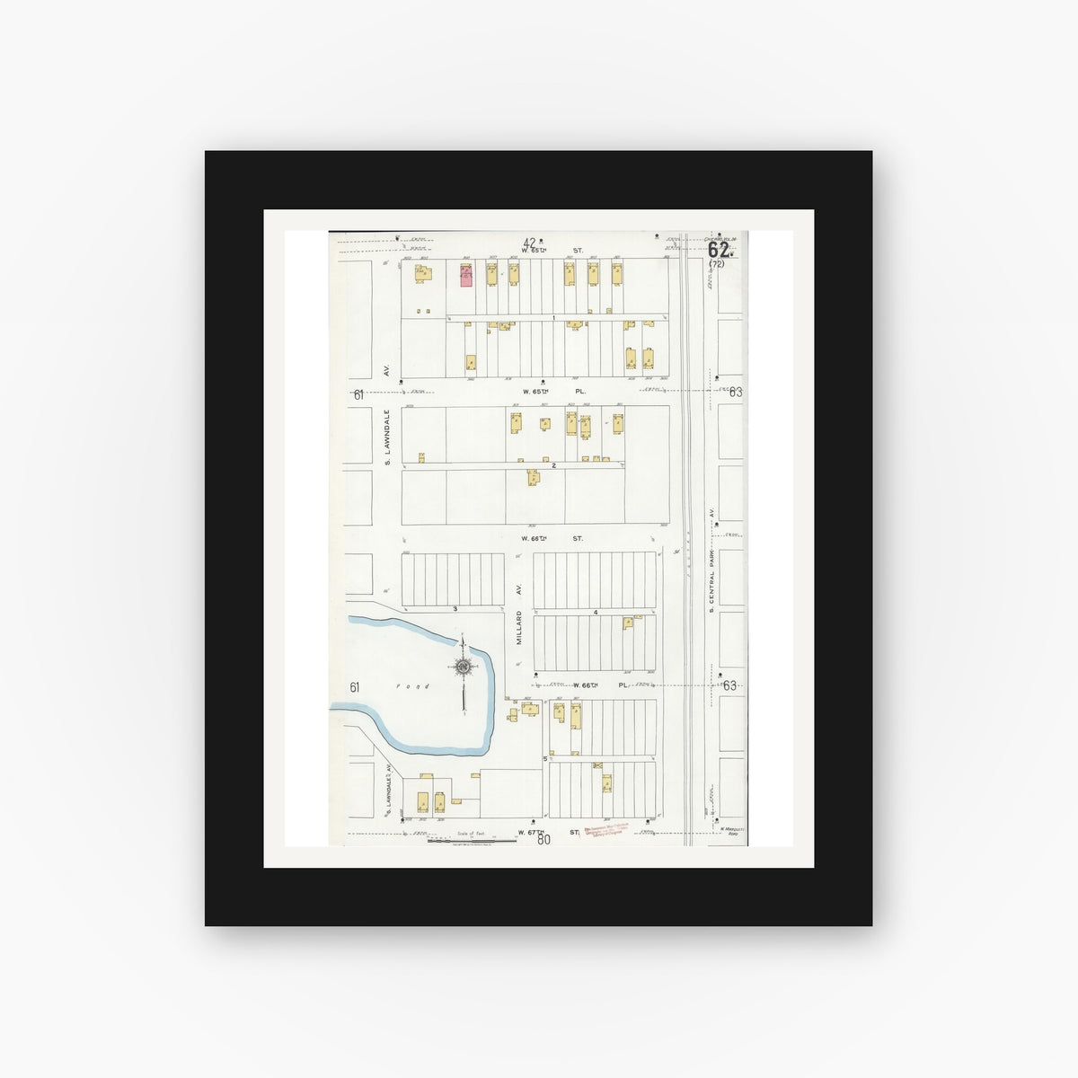 Old map wall art mockup — black gallery frame with white mat — Sanborn Fire Insurance Map from Chicago, Cook County, Illinois (1920), Sheet #0062