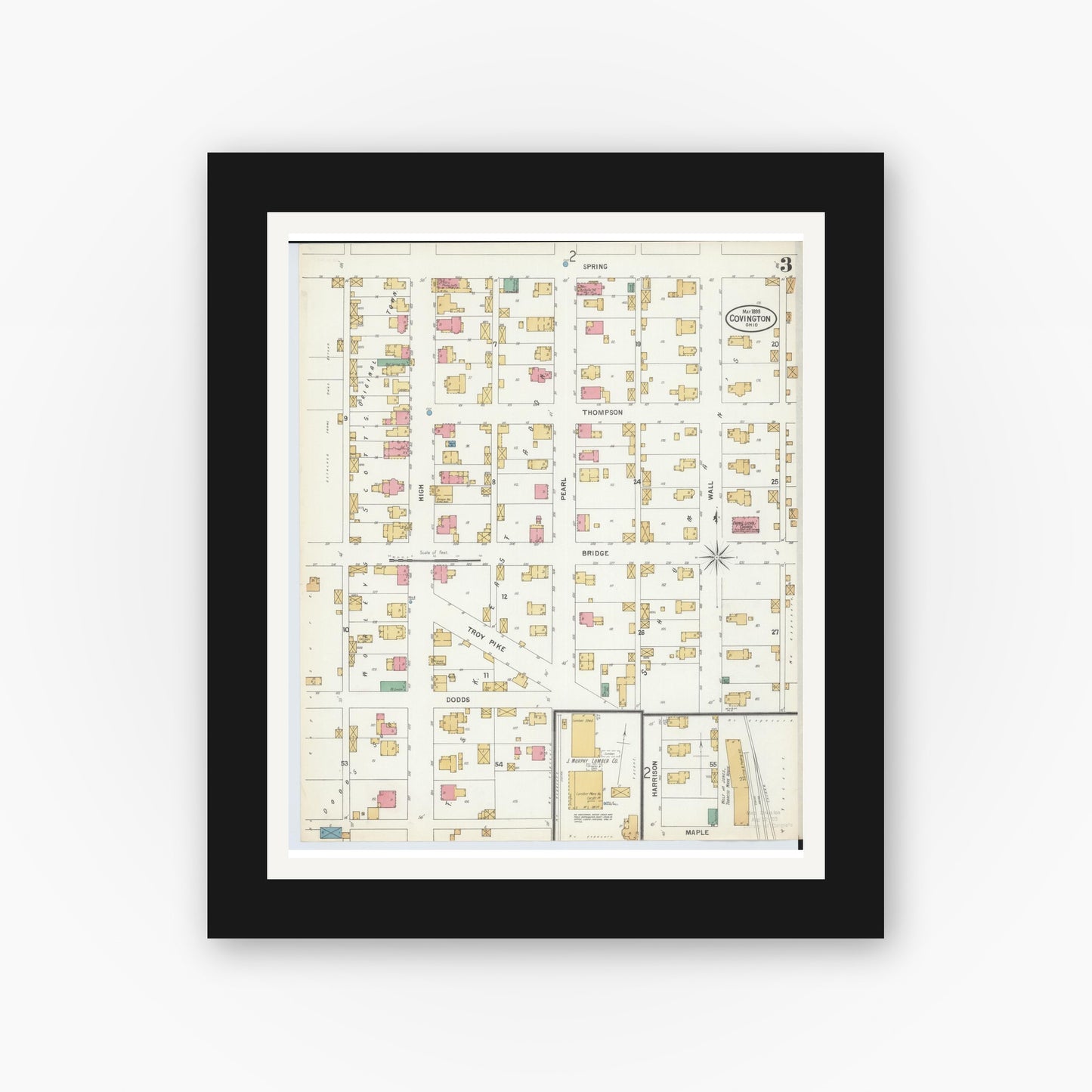 Old map wall art mockup — black gallery frame with white mat — Sanborn Fire Insurance Map from Covington, Miami County, Ohio (1899), Sheet #0003