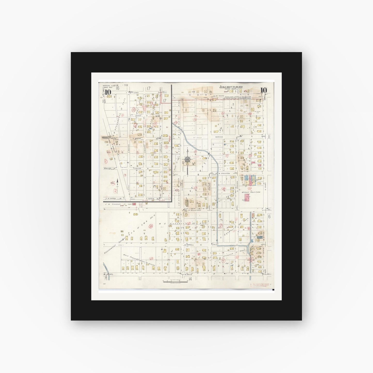 Old map wall art mockup — black gallery frame with white mat — Sanborn Fire Insurance Map from Marion, Williamson County, Illinois (1946), Sheet #0010