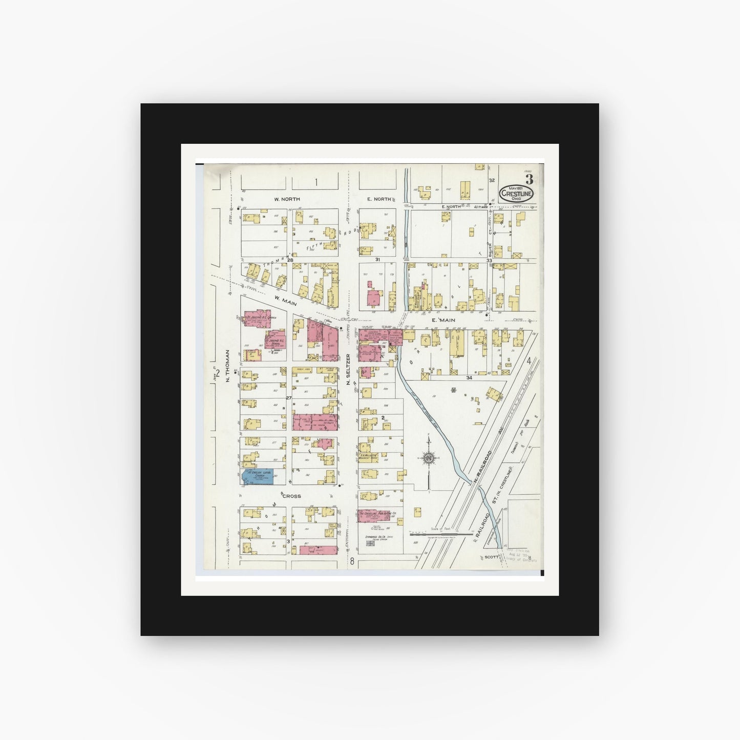 Old map wall art mockup — black gallery frame with white mat — Sanborn Fire Insurance Map from Crestline, Crawford County, Ohio (1921), Sheet #0003