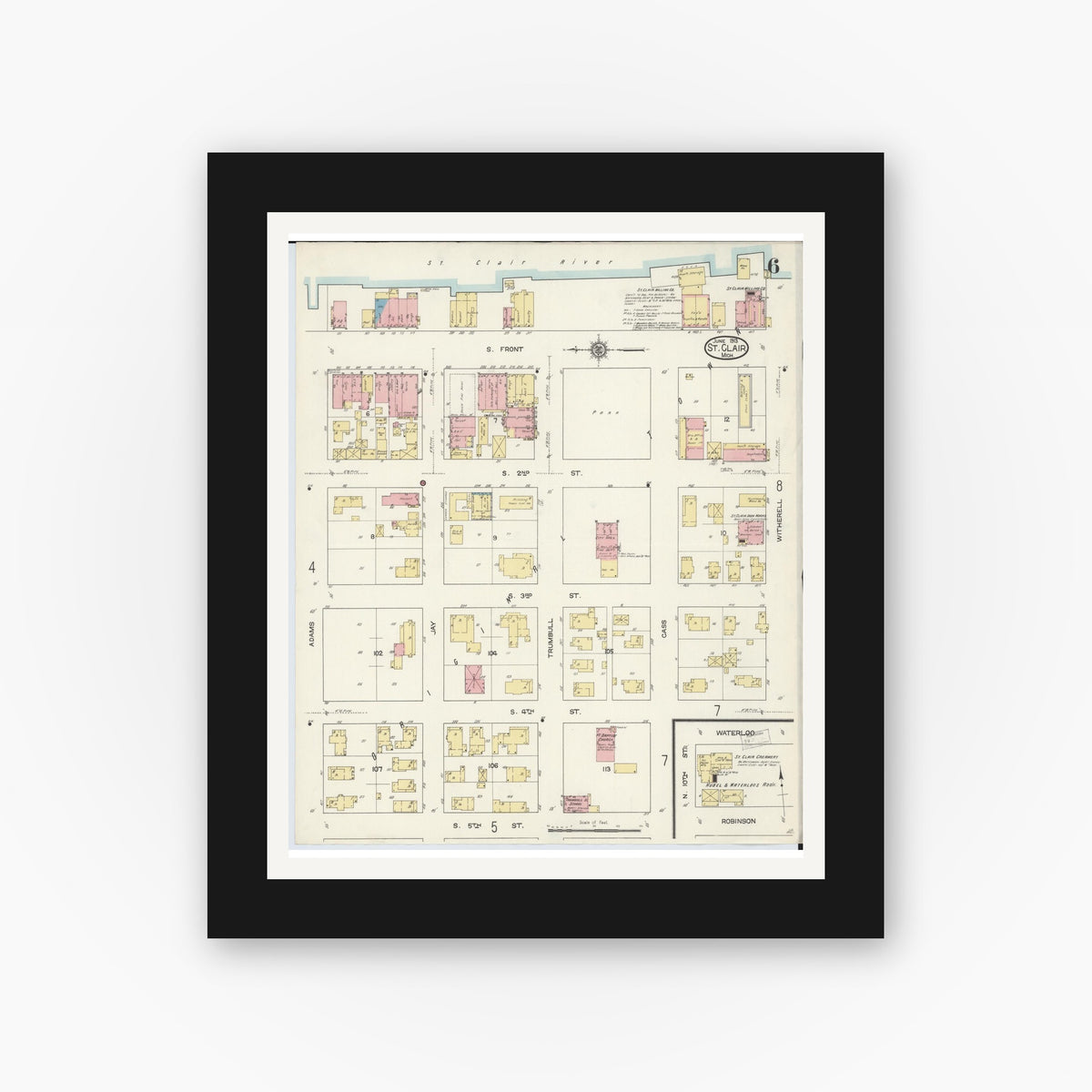 Old map wall art mockup — black gallery frame with white mat — Sanborn Fire Insurance Map from Saint Clair, Saint Clair County, Michigan (1913), Sheet #0006