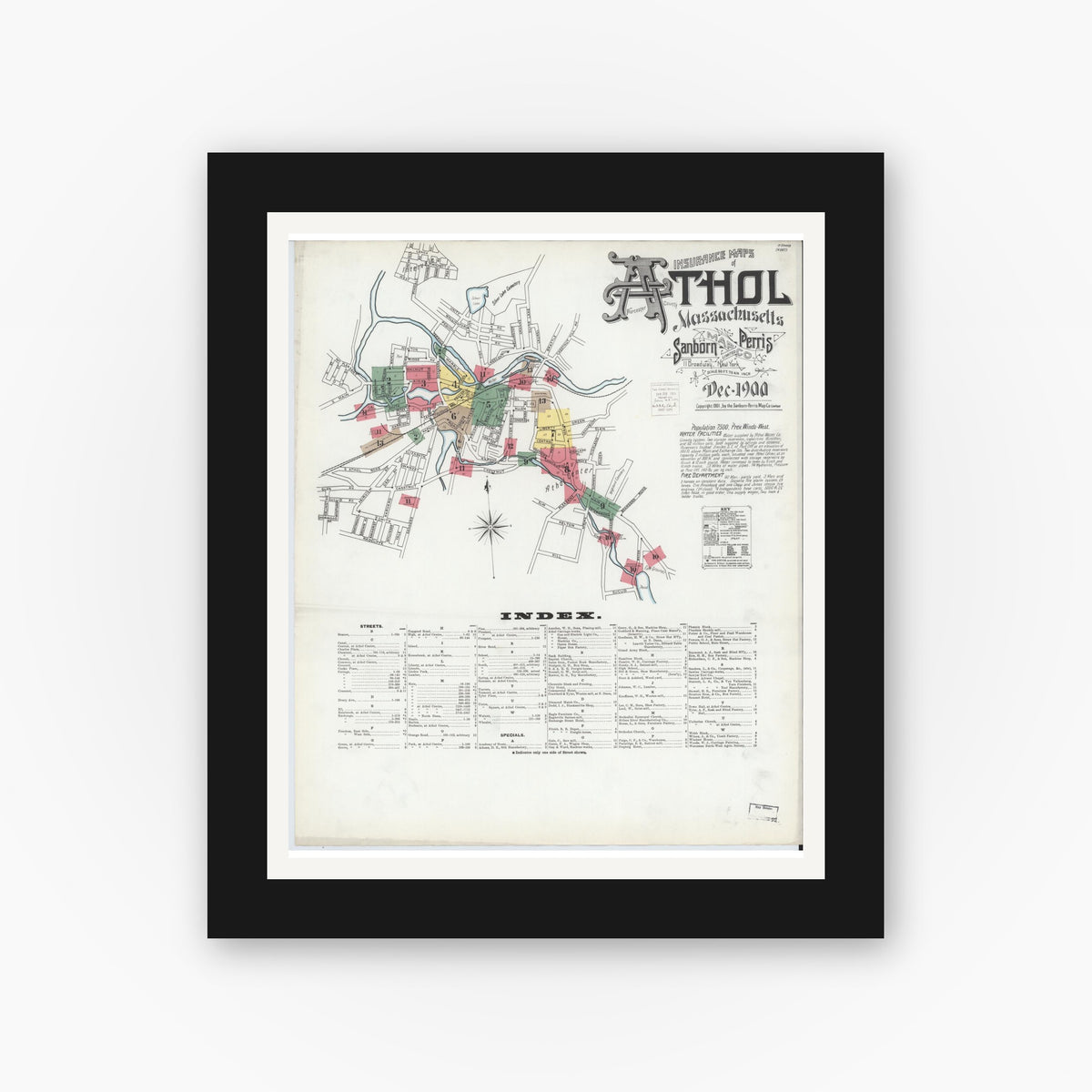 Old map wall art mockup — black gallery frame with white mat — Sanborn Fire Insurance Map from Athol, Worcester County, Massachusetts (1900) - Complete Map Set