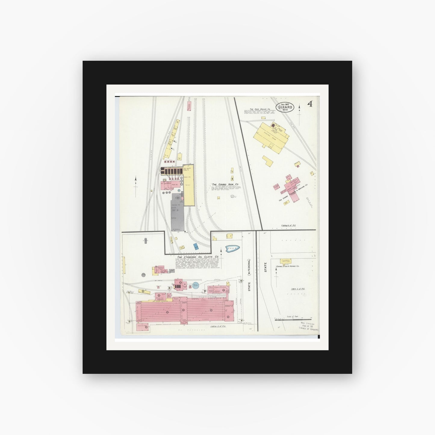 Old map wall art mockup — black gallery frame with white mat — Sanborn Fire Insurance Map from Girard, Trumbull County, Ohio (1907), Sheet #0004