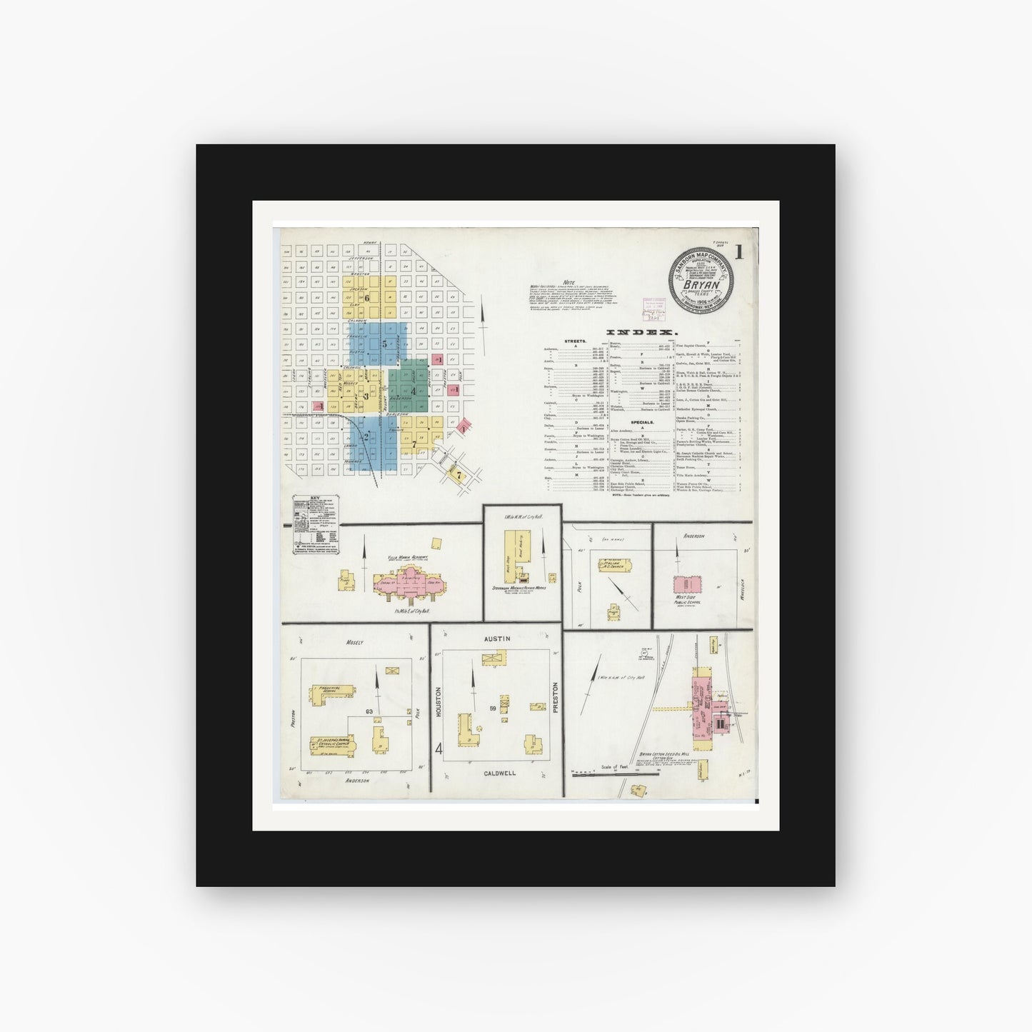 Old map wall art mockup — black gallery frame with white mat — Sanborn Fire Insurance Map from Bryan, Brazos County, Texas (1906), Sheet #0001