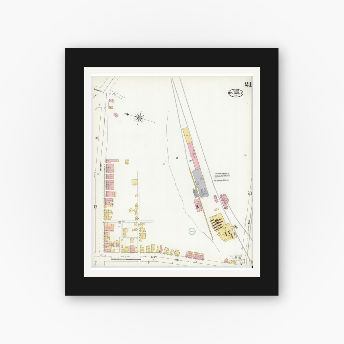 Old map wall art mockup β black gallery frame with white mat β Sanborn Fire Insurance Map from Columbia, Lancaster County, Pennsylvania (1904), Sheet #0021