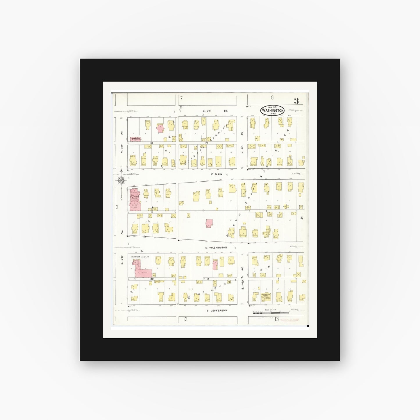 Old map wall art mockup — black gallery frame with white mat — Sanborn Fire Insurance Map from Washington, Washington County, Iowa (1917), Sheet #0003