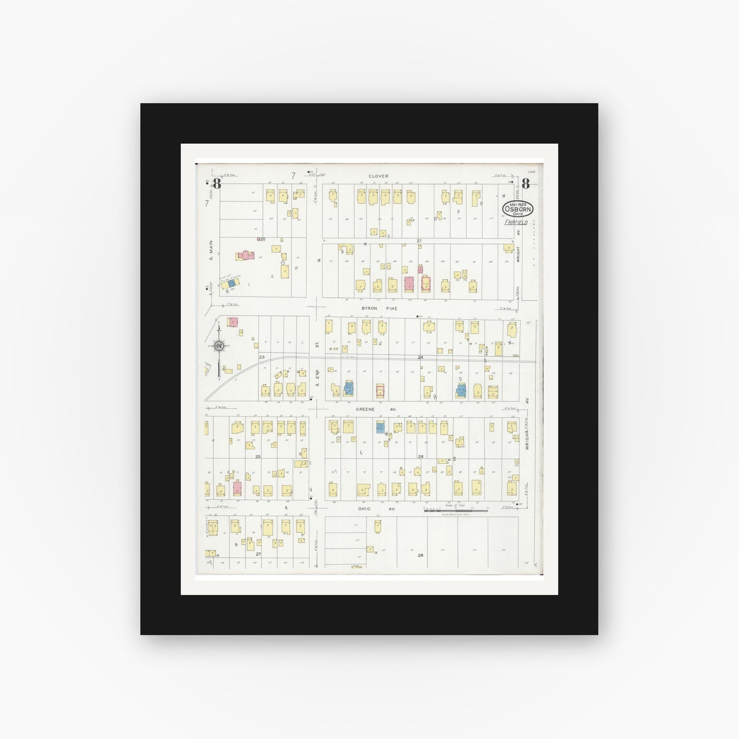 Old map wall art mockup — black gallery frame with white mat — Sanborn Fire Insurance Map from Osborn, Greene County, Ohio (1929), Sheet #0008