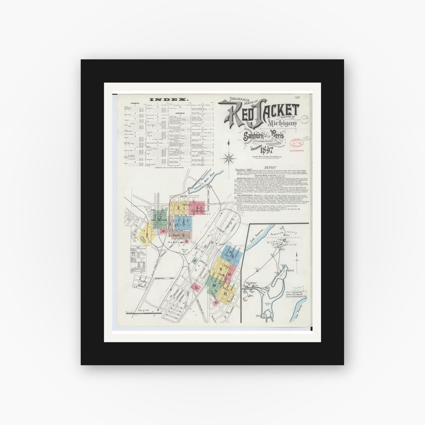 Old map wall art mockup — black gallery frame with white mat — Sanborn Fire Insurance Map from Red Jacket, Houghton County, Michigan (1897) - Complete Map Set