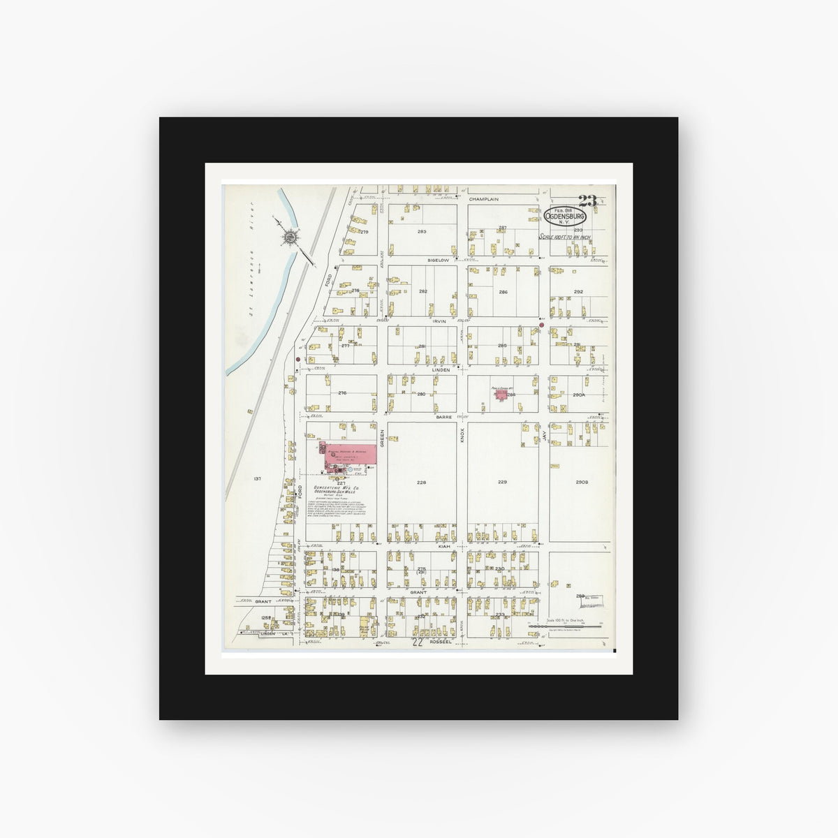 Old map wall art mockup — black gallery frame with white mat — Sanborn Fire Insurance Map from Ogdensburg, St. Lawrence County, New York (1918), Sheet #0023