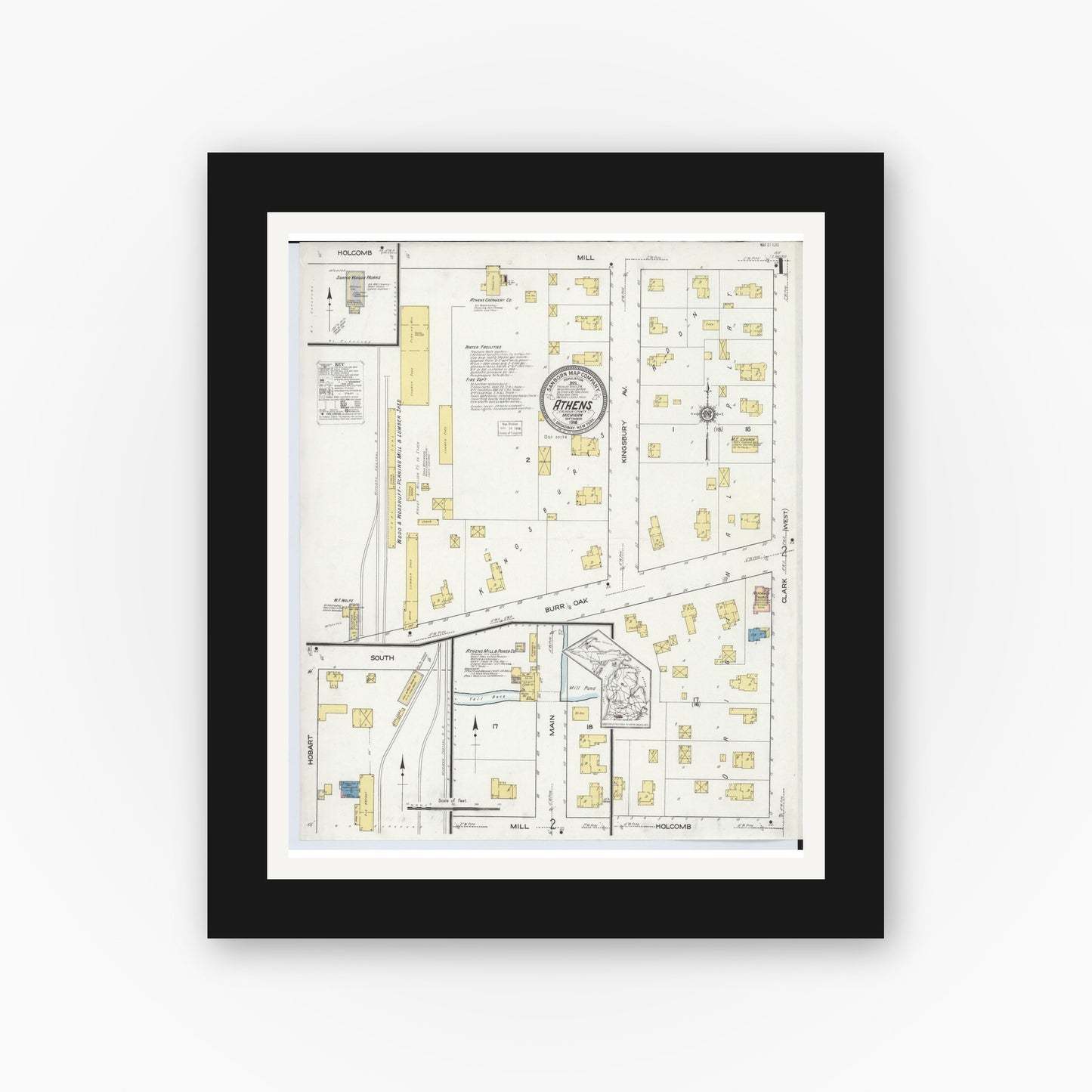 Old map wall art mockup — black gallery frame with white mat — Sanborn Fire Insurance Map from Athens, Calhoun County, Michigan (1916) - Complete Map Set