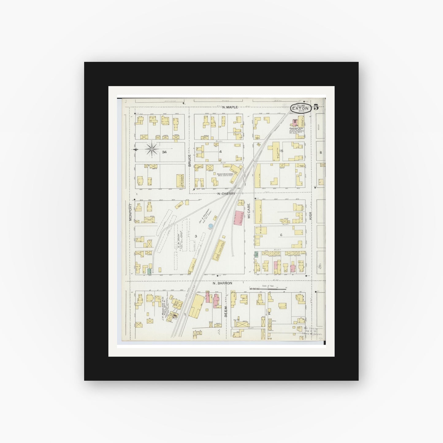 Old map wall art mockup — black gallery frame with white mat — Sanborn Fire Insurance Map from Eaton, Preble County, Ohio (1892), Sheet #0005