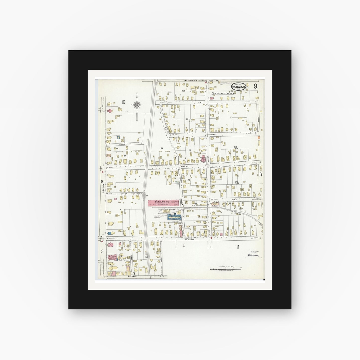 Old map wall art mockup — black gallery frame with white mat — Sanborn Fire Insurance Map from Norwich, Chenango County, New York (1917), Sheet #0009