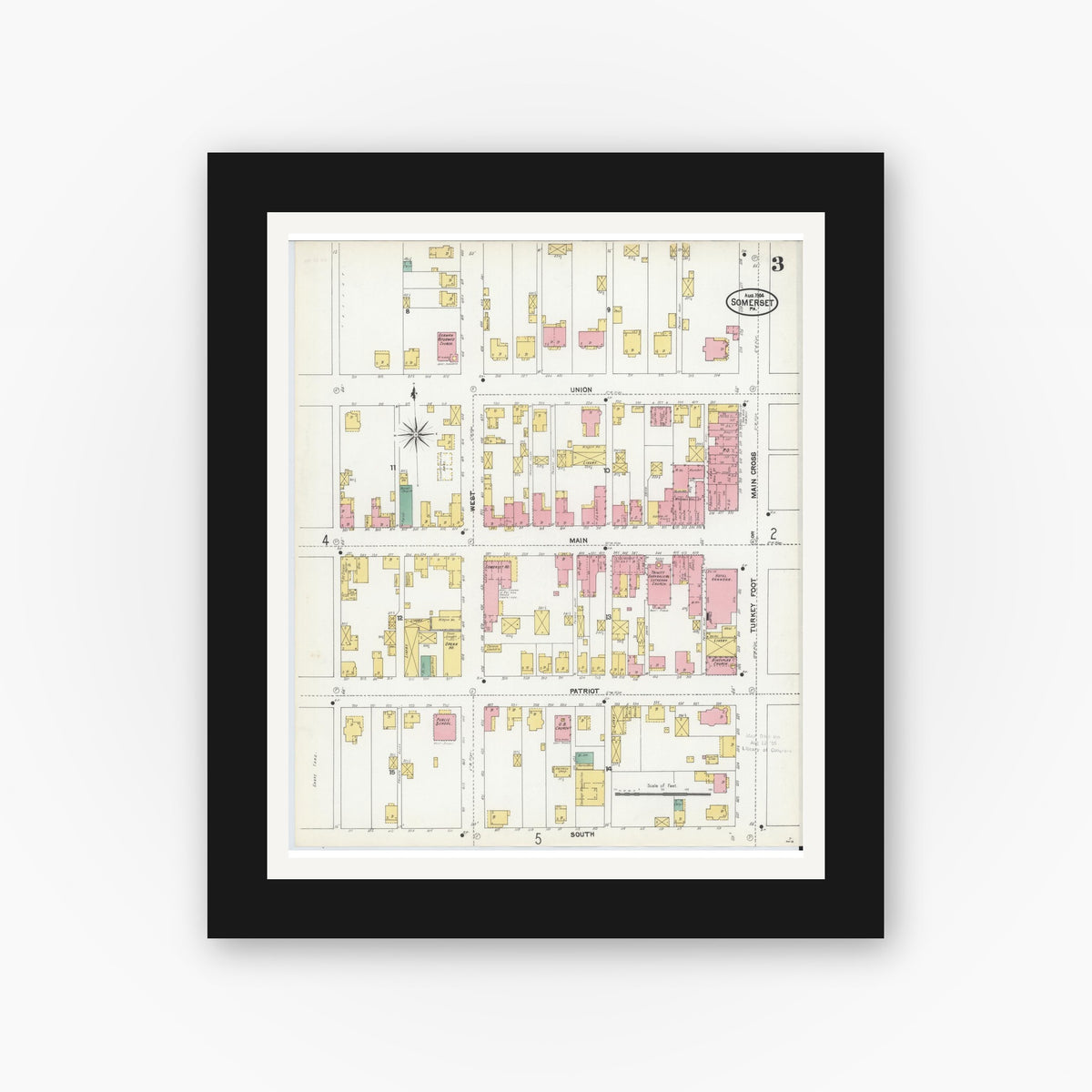 Old map wall art mockup — black gallery frame with white mat — Sanborn Fire Insurance Map from Somerset, Somerset County, Pennsylvania (1904), Sheet #0003