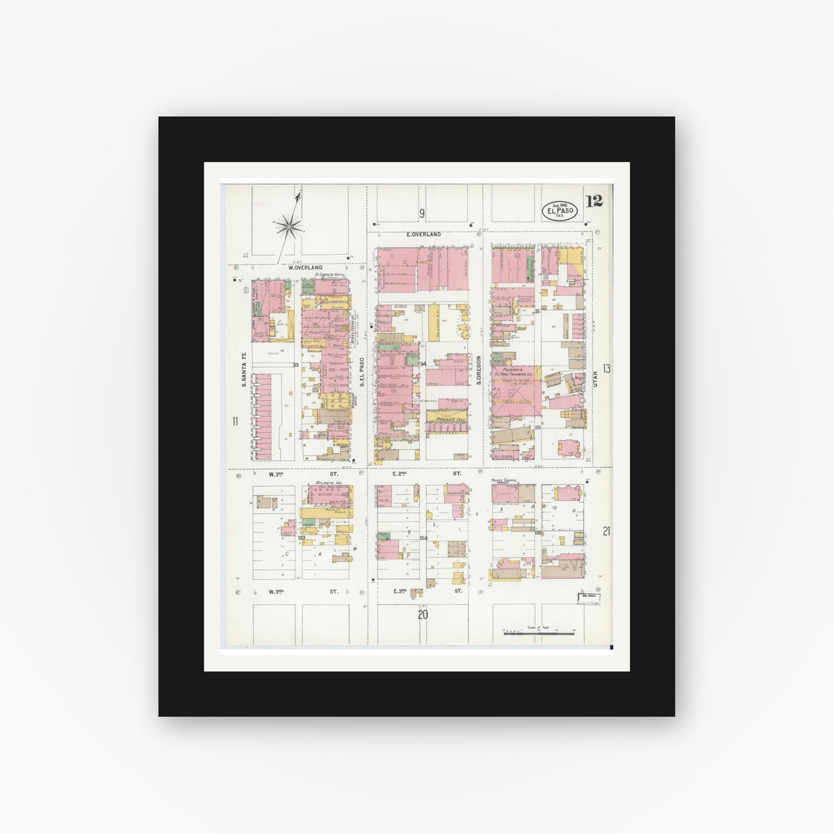 Old map wall art mockup — black gallery frame with white mat — Sanborn Fire Insurance Map from El Paso, El Paso County, Texas (1900), Sheet #0012