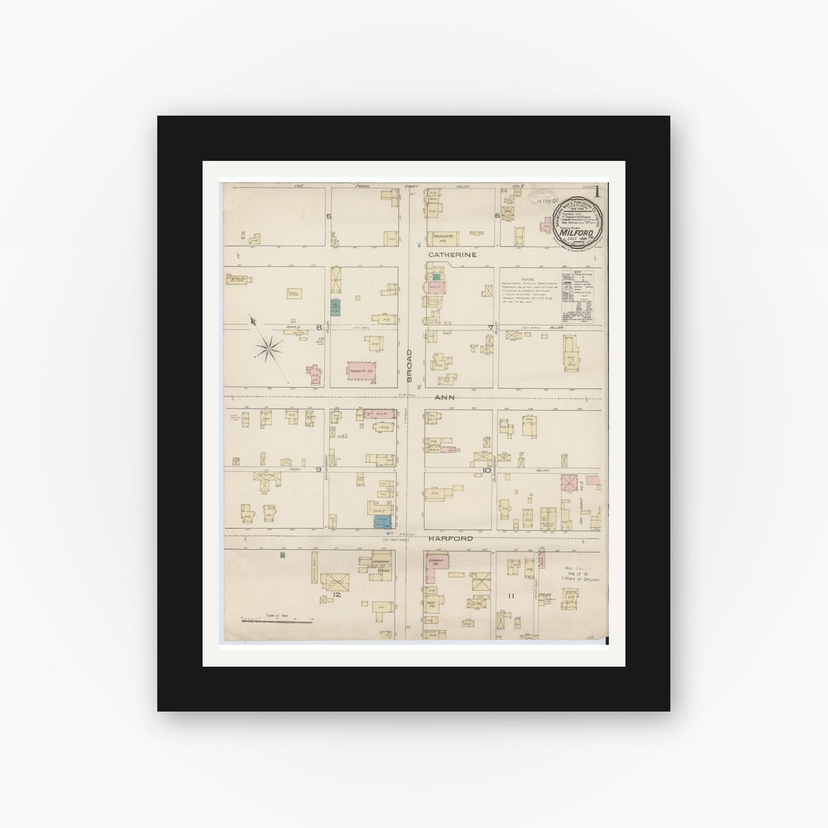 Old map wall art mockup — black gallery frame with white mat — Sanborn Fire Insurance Map from Milford, Pike County, Pennsylvania (1885) - Complete Map Set