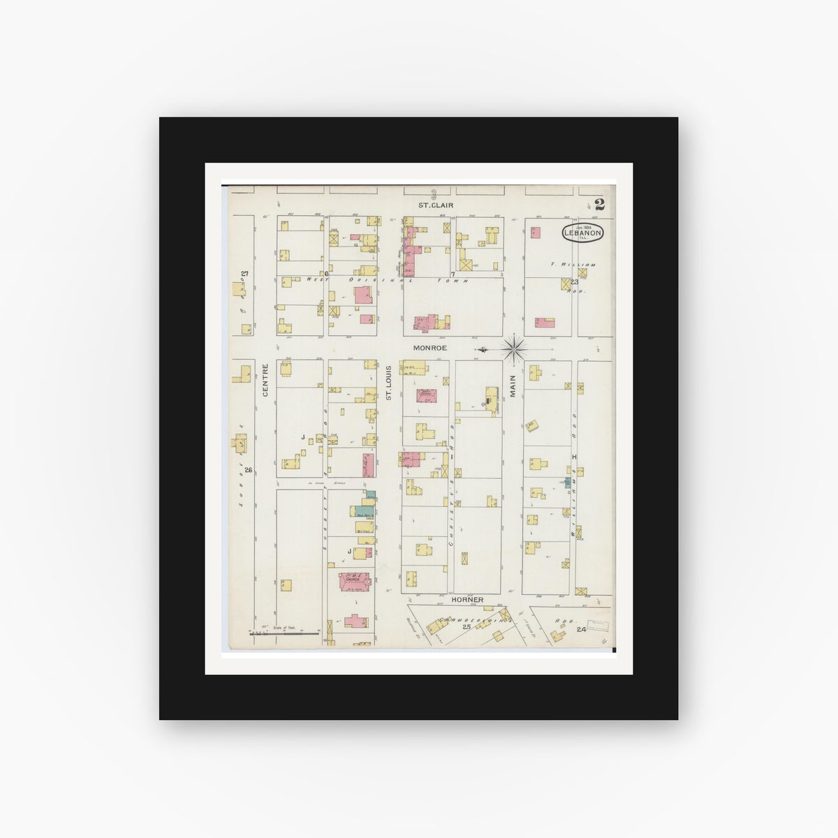 Old map wall art mockup — black gallery frame with white mat — Sanborn Fire Insurance Map from Lebanon, Saint Clair County, Illinois (1894), Sheet #0002