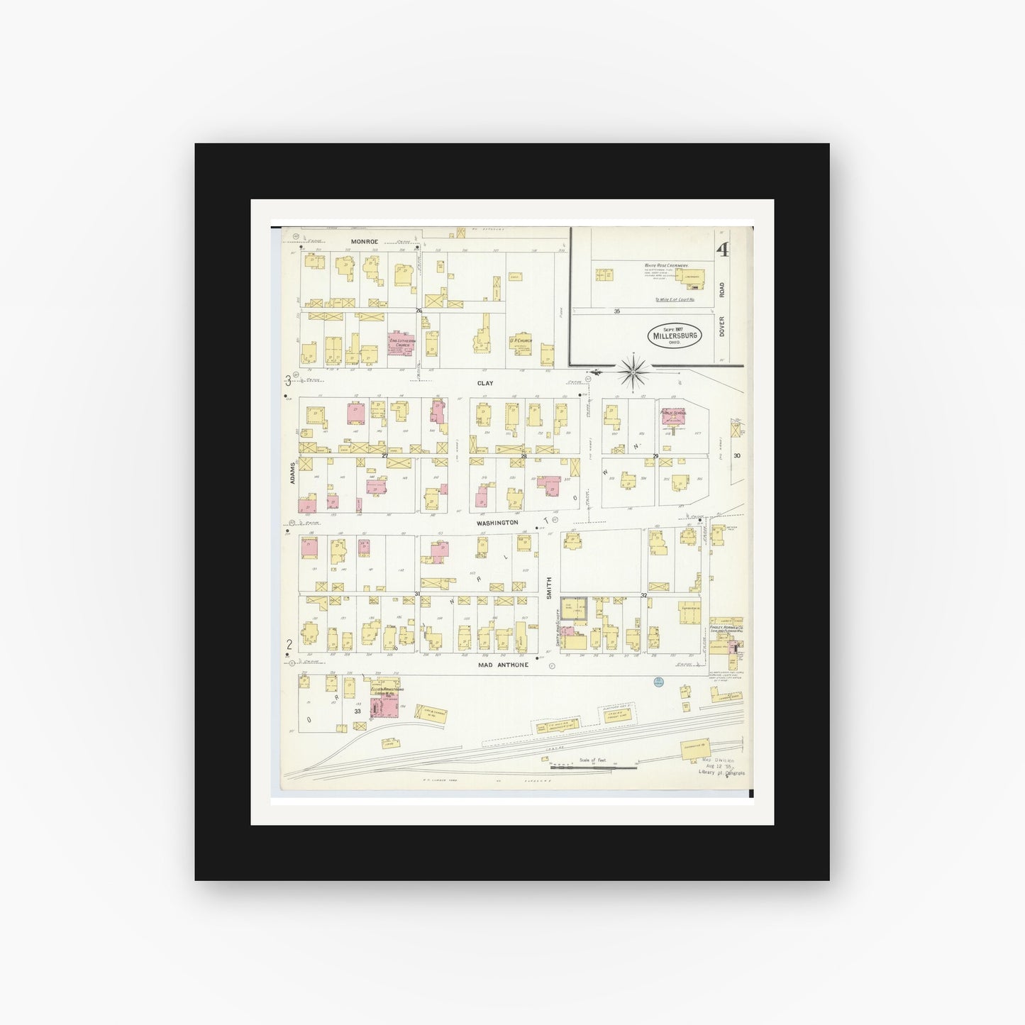 Old map wall art mockup — black gallery frame with white mat — Sanborn Fire Insurance Map from Millersburg, Holmes County, Ohio (1907), Sheet #0004