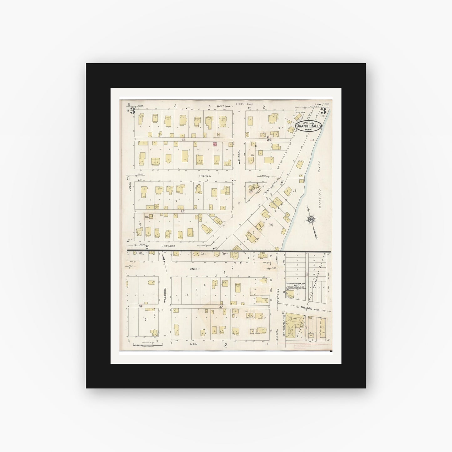 Old map wall art mockup — black gallery frame with white mat — Sanborn Fire Insurance Map from Granite Falls, Yellow Medicine And Chippewa Counties, Minnesota (1941), Sheet #0003