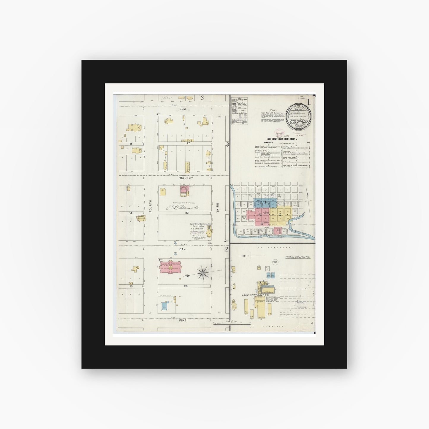 Old map wall art mockup — black gallery frame with white mat — Sanborn Fire Insurance Map from Colorado, Mitchell County, Texas (1896), Sheet #0001