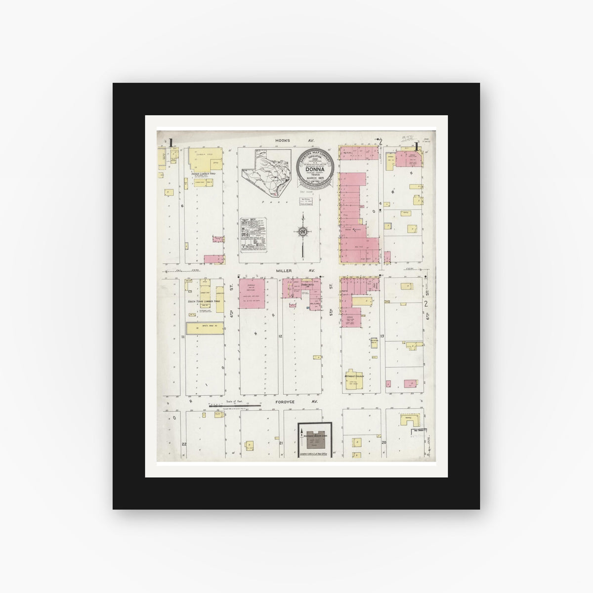 Old map wall art mockup — black gallery frame with white mat — Sanborn Fire Insurance Map from Donna, Hidalgo County, Texas (1925) - Complete Map Set