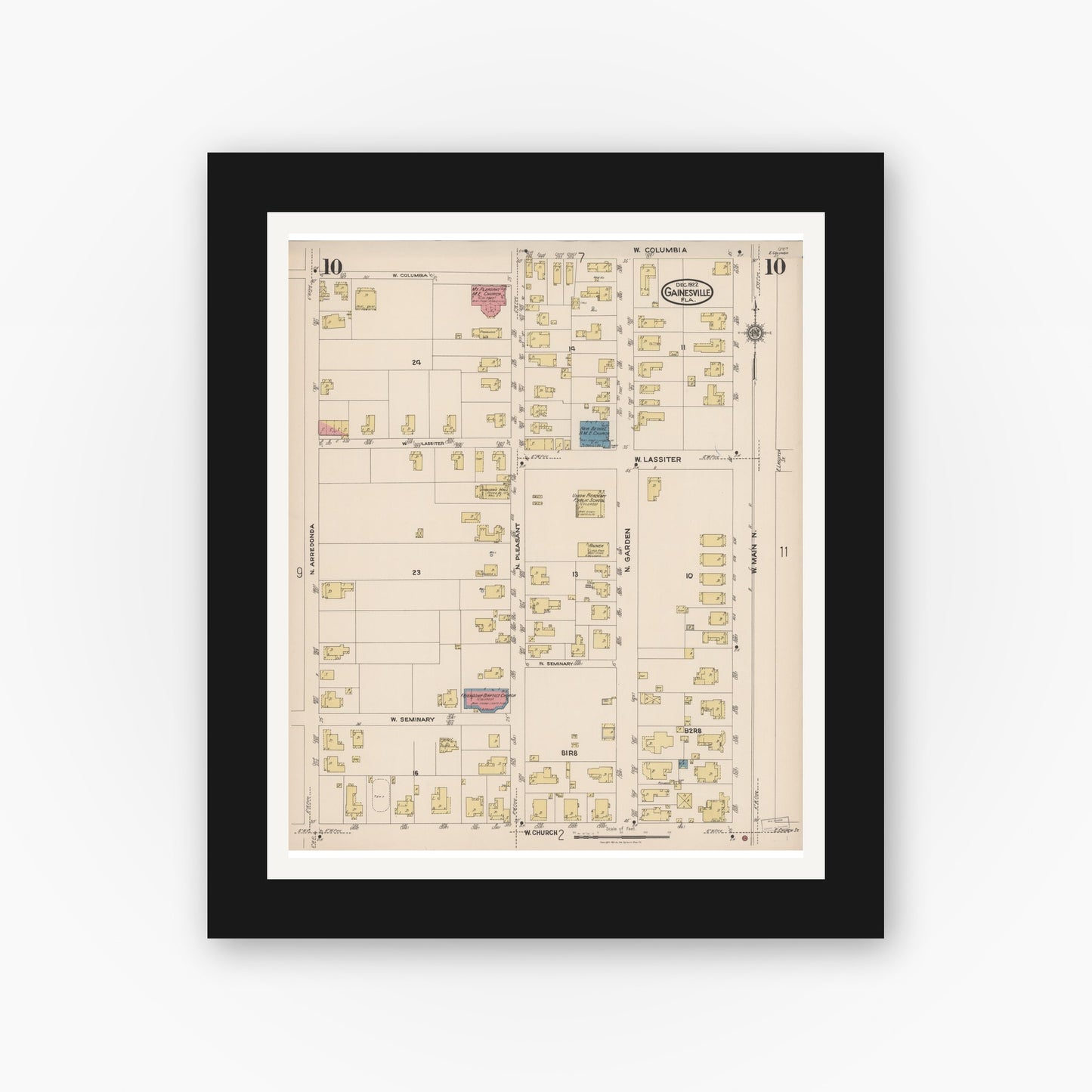 Old map wall art mockup — black gallery frame with white mat — Sanborn Fire Insurance Map from Gainesville, Alachua County, Florida (1922), Sheet #0010