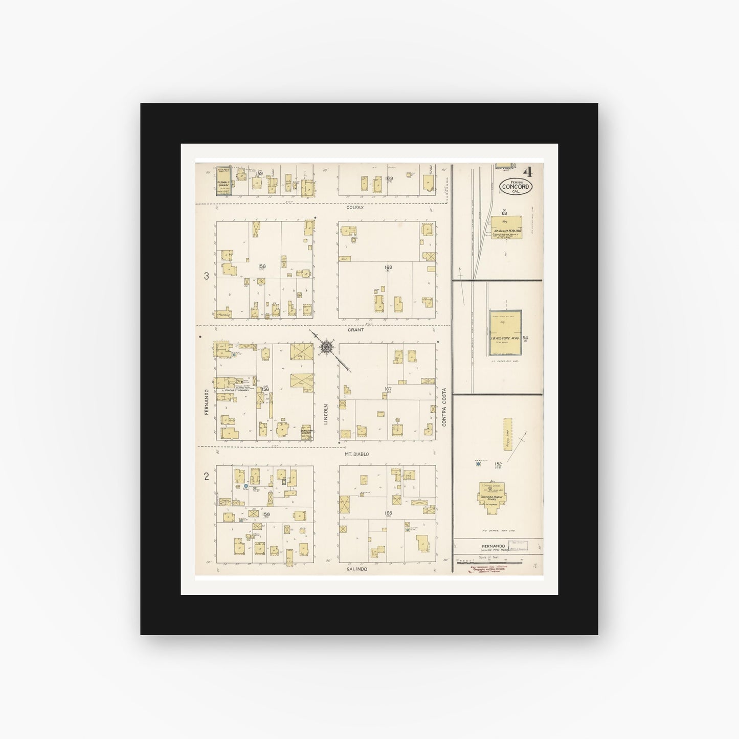 Old map wall art mockup — black gallery frame with white mat — Sanborn Fire Insurance Map from Concord, Contra Costa County, California (1912), Sheet #0004