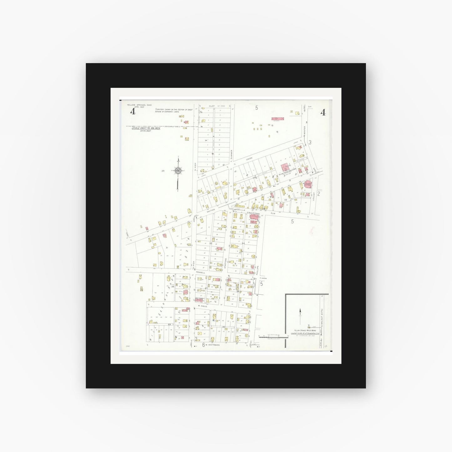 Old map wall art mockup — black gallery frame with white mat — Sanborn Fire Insurance Map from Yellow Springs, Greene County, Ohio (1937), Sheet #0004