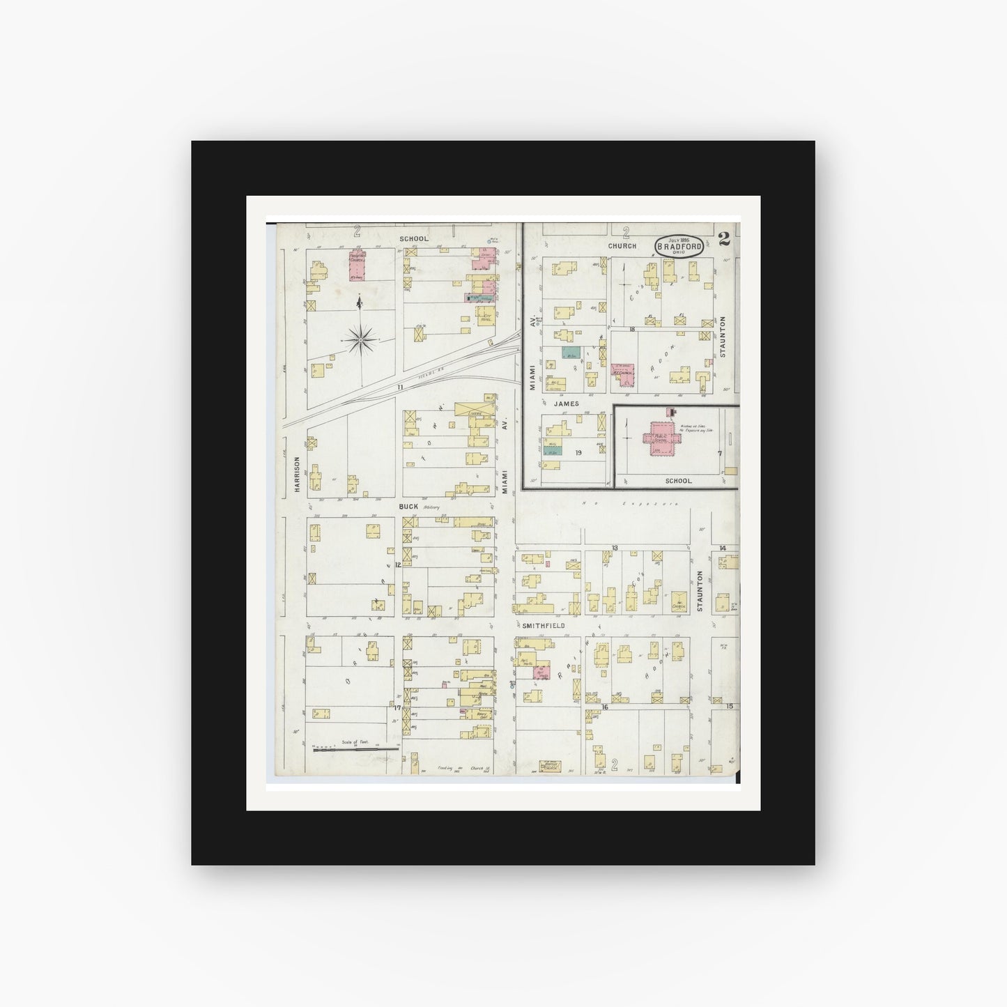 Old map wall art mockup — black gallery frame with white mat — Sanborn Fire Insurance Map from Bradford, Darke and Miami Counties, Ohio (1895), Sheet #0002