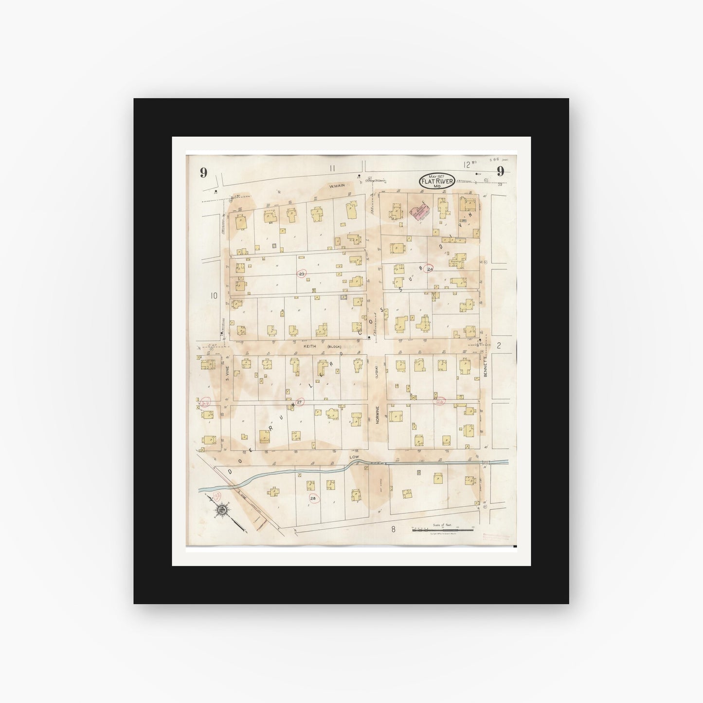 Old map wall art mockup — black gallery frame with white mat — Sanborn Fire Insurance Map from Flat River, Saint Francois County, Missouri (1938), Sheet #0009