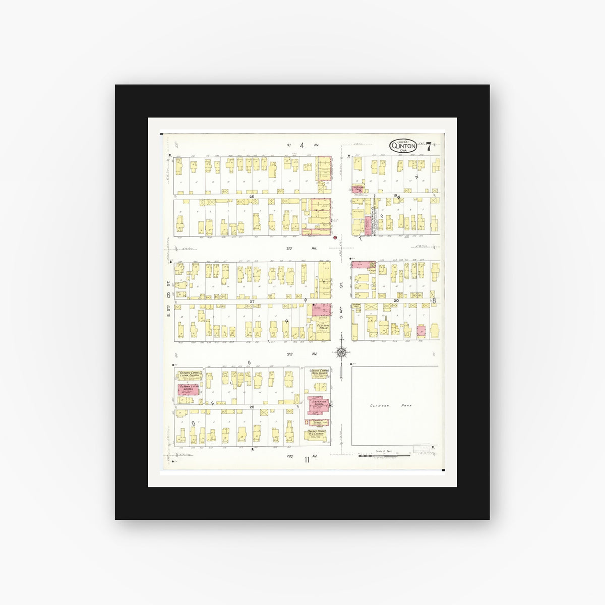 Old map wall art mockup — black gallery frame with white mat — Sanborn Fire Insurance Map from Clinton, Clinton County, Iowa (1917), Sheet #0007