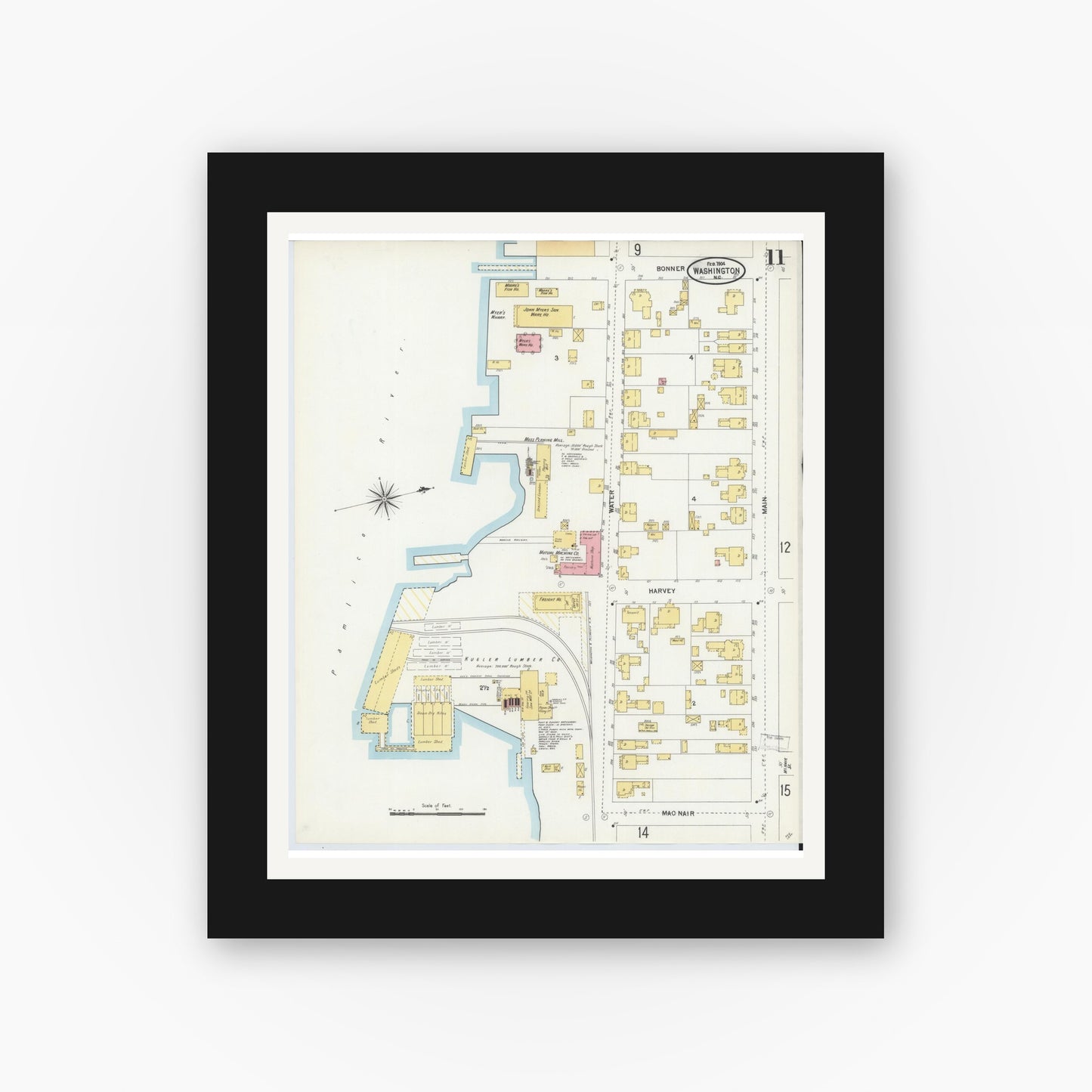 Old map wall art mockup — black gallery frame with white mat — Sanborn Fire Insurance Map from Washington, Beaufort County, North Carolina (1904), Sheet #0011