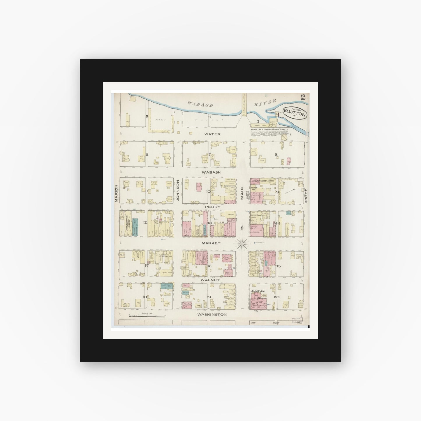 Old map wall art mockup — black gallery frame with white mat — Sanborn Fire Insurance Map from Bluffton, Wells County, Indiana (1885), Sheet #0002