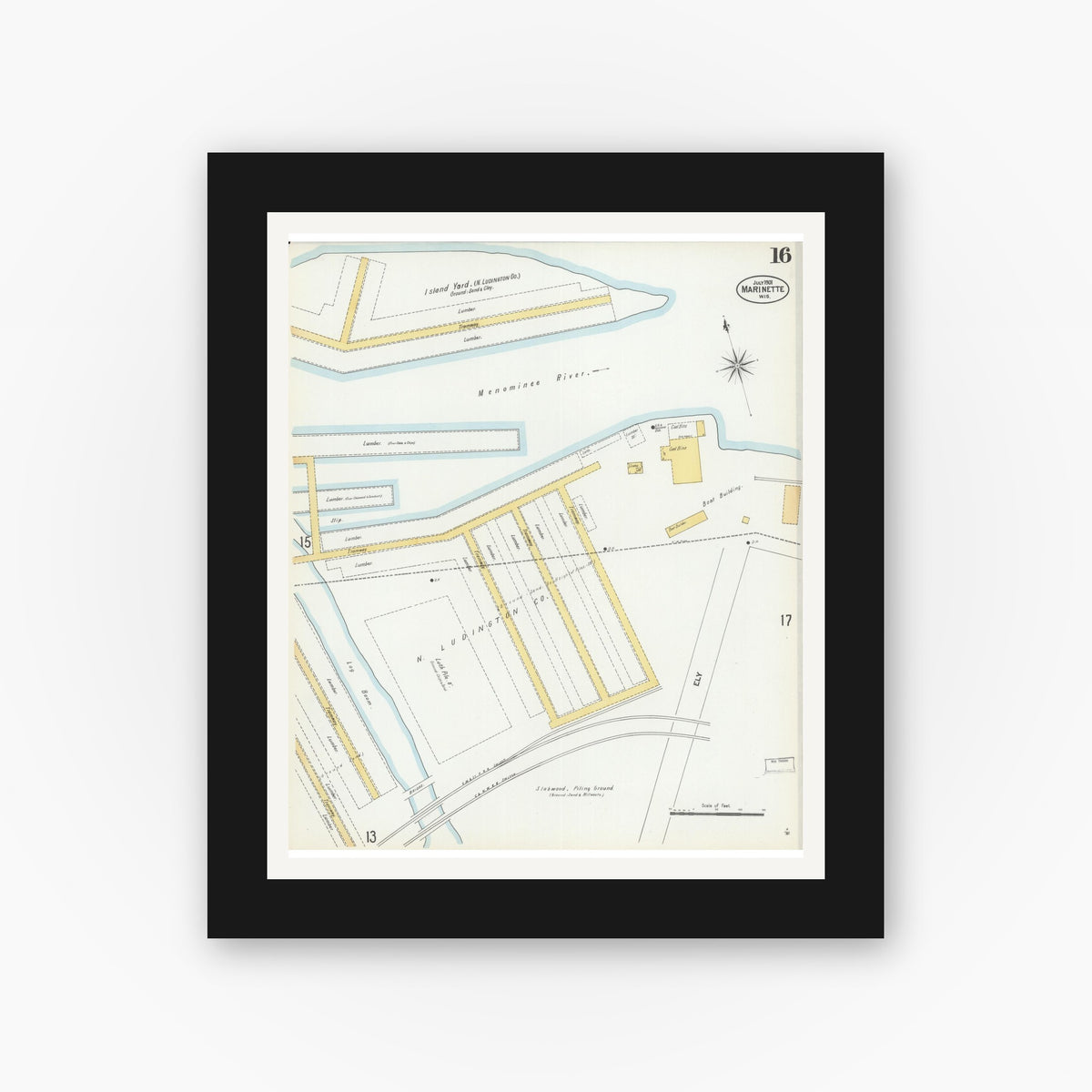 Old map wall art mockup — black gallery frame with white mat — Sanborn Fire Insurance Map from Marinette, Marinette County, Wisconsin (1901), Sheet #0016