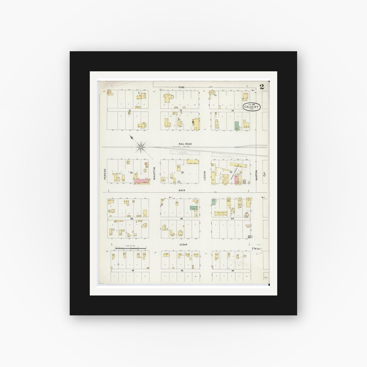 Old map wall art mockup — black gallery frame with white mat — Sanborn Fire Insurance Map from Calvert, Robertson County, Texas (1896), Sheet #0002