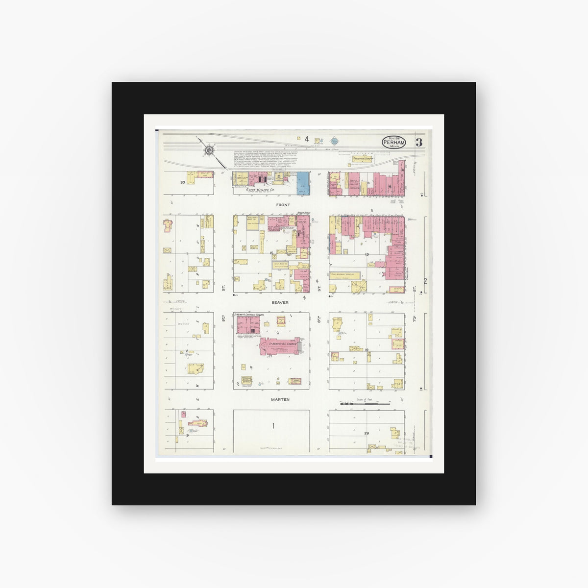 Old map wall art mockup — black gallery frame with white mat — Sanborn Fire Insurance Map from Perham, Otter Tail County, Minnesota (1916), Sheet #0003
