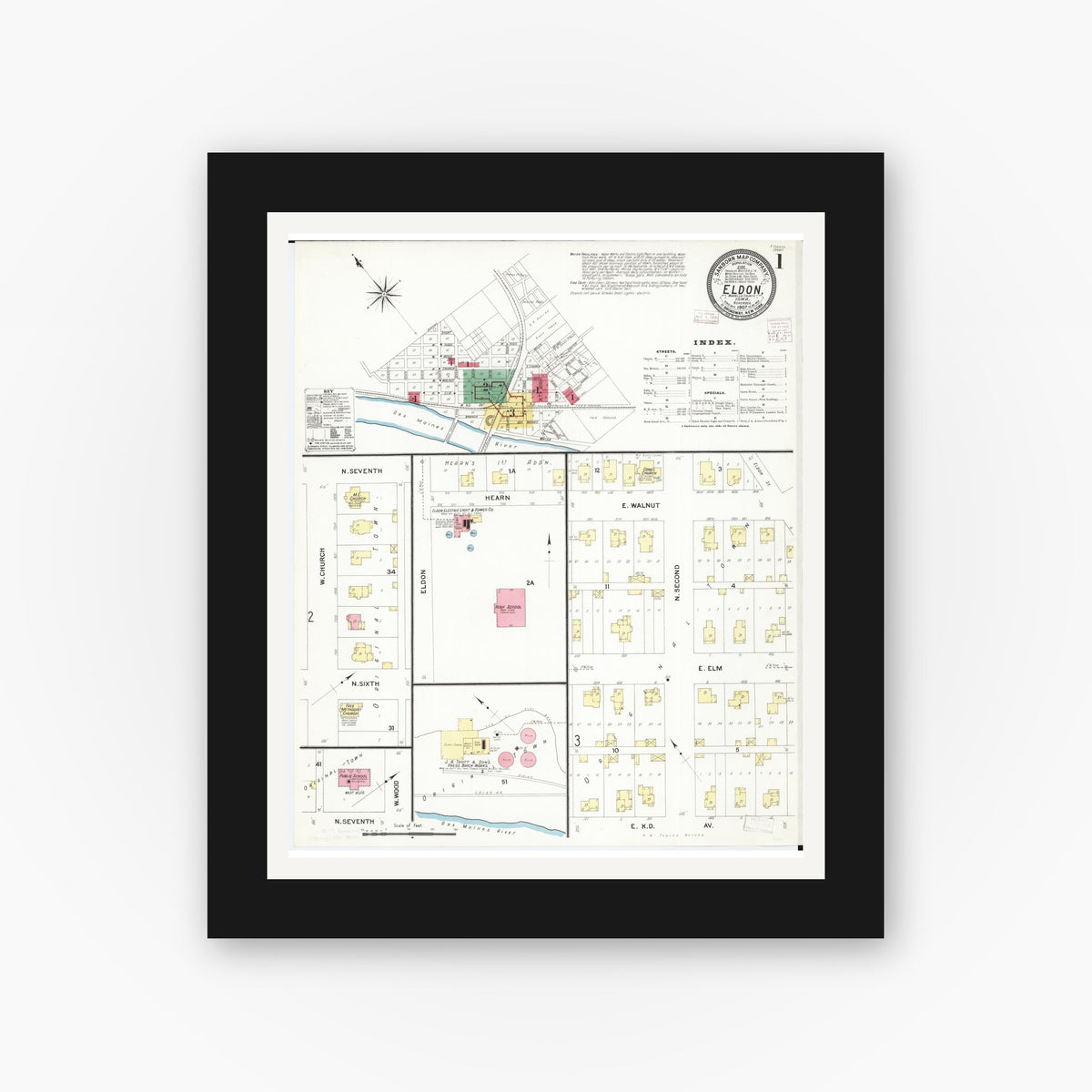 Old map wall art mockup — black gallery frame with white mat — Sanborn Fire Insurance Map from Eldon, Wapello County, Iowa (1907) — Complete Set
