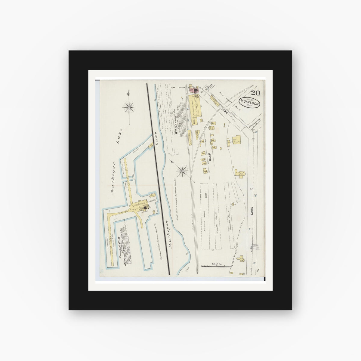 Old map wall art mockup β black gallery frame with white mat β Sanborn Fire Insurance Map from Muskegon, Muskegon County, Michigan (1887), Sheet #0020